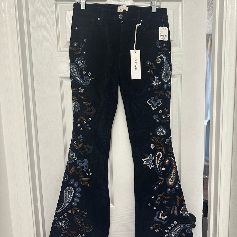 Free People Driftwood Black Flared Pants with Blue and Brown Embroidery
